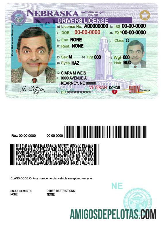 Carteira de motorista nos EUA Nebraska amostra